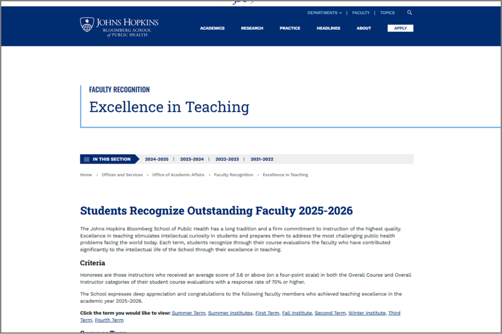 Excellence in Teaching 掲載ページ